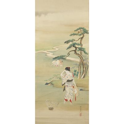 an oriental painting of a man and a woman in a landscape