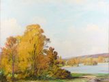 une image représentant un tableau représentant un paysage avec des arbres et un plan d'eau