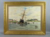 une peinture à l'huile représentant un bateau sur un plan d'eau