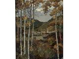 un tableau représentant des arbres et une rivière dans une zone boisée