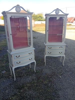 pair of antique white painted glass display cabinets with drawers