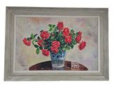 painting of red roses in a vase on a table with a glass of water