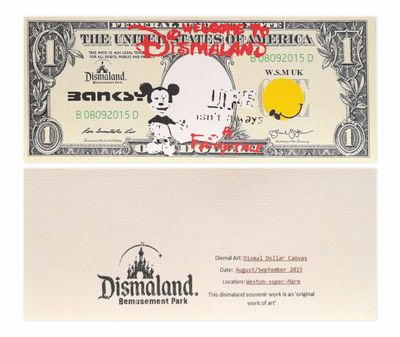 a close up of a one dollar bill with a mickey mouse on it