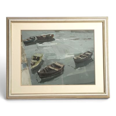 peinture d'un groupe de bateaux flottant sur un plan d'eau