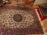 a woman sitting on a chair in a living room with a rug on the floor