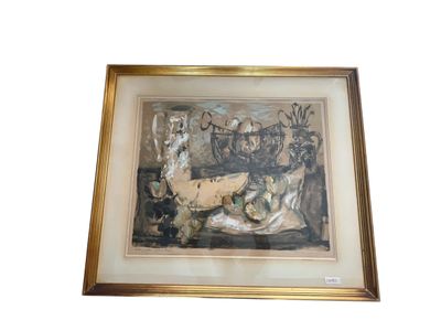 framed painting of a still life with fruit and vegetables in a gold frame