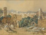 an image of a painting of a view of a city from a hill