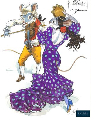 illustration of a mouse and a woman dancing in a dress