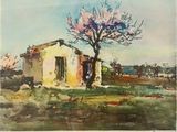 an image of a painting of a house and a tree in a field