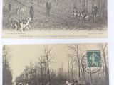 two old postcards of horses and people on a trail in the woods