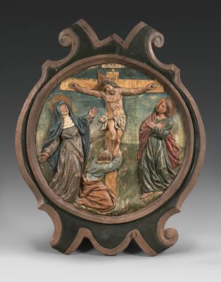 an image of a wooden plaque with a crucifix on it