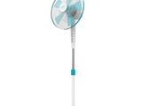 a white and blue fan sitting on top of a white pole