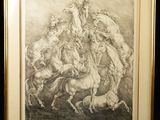 dessin représentant un groupe de chevaux dans un champ, avec un homme à cheval