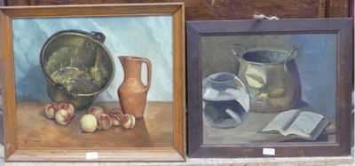 two paintings of vases, apples, and a book on a table