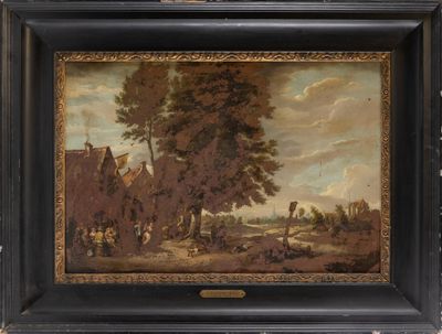 une peinture à l'huile représentant une scène de village avec un homme et un chien
