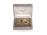 an image of a gold horse head pin in a silver case