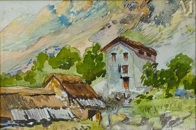 une peinture d'une maison au milieu d'un champ