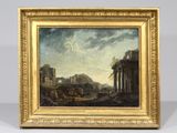 a painting of a painting of a landscape with a man on a horse in the foreground and a building in the background