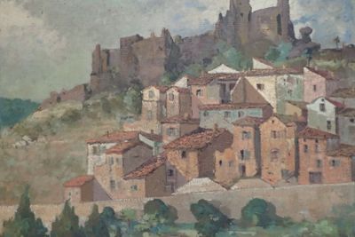 un tableau représentant un village situé sur une colline, avec un château en arrière-plan