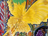 a painting of a bunch of colorful butterflies in a vase