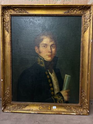 tableau représentant un homme tenant un livre, dans un cadre doré