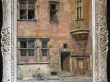 tableau représentant un vieux bâtiment avec une fenêtre et un balcon