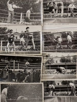 several black and white photos of a man in a boxing ring