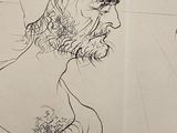 sketches of a man with a beard and a hat on a beach