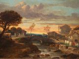 painting of a landscape with a river and a bridge in the foreground