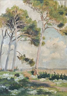 une peinture à l'huile représentant des arbres dans un champ, avec le ciel en arrière-plan