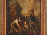 un tableau représentant deux hommes et un enfant dans un décor boisé
