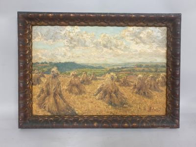 an oil painting of a field of wheat with a sky and clouds in the background