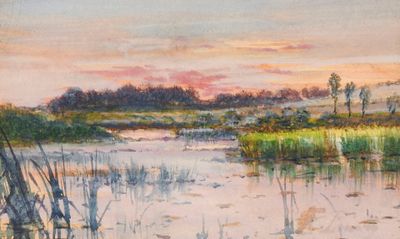 une peinture à l'huile représentant une rivière bordée de roseaux, avec un coucher de soleil en arrière-plan