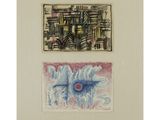 two different colored drawings of a building and a flower