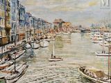 peinture de bateaux dans un port avec des bâtiments en arrière-plan