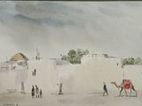 a painting of a man riding a camel in the desert