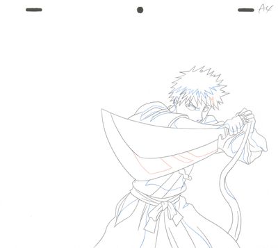 drawing of a man with a sword in a white dress