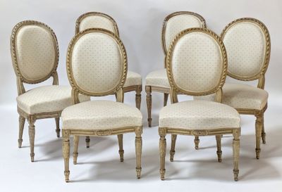 six antique french style dining chairs with white upholstered seats