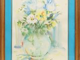 a painting of flowers in a vase on a table