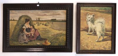 two paintings of a woman and a dog hanging on a wall
