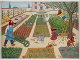 un tableau représentant des personnes travaillant dans un jardin avec une brouette