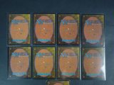 six packs of magic the gathering trading cards in a display case