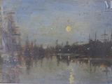 une image représentant un tableau d'une ville la nuit, avec une pleine lune dans le ciel