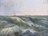 an image of a painting of a sailboat in a rough ocean