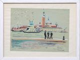 painting of a group of people standing on a pier next to a body of water