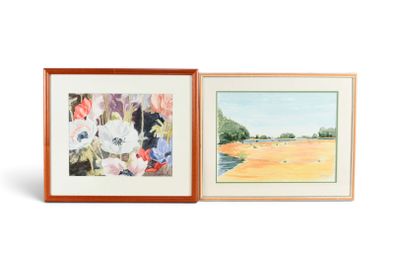 deux tableaux encadrés représentant des fleurs sur fond blanc et une photo d'un champ