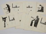 six cards with black and white images of a man holding a baseball bat