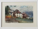 a watercolor painting of a house on a hill