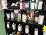a shelf with many different types of products on it