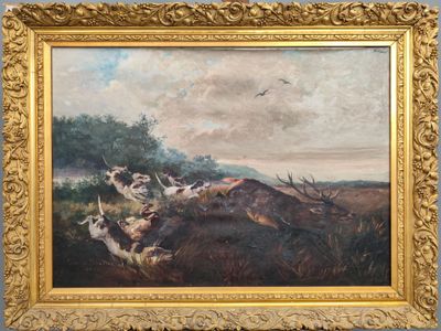 une image représentant un tableau illustrant une scène de chasse avec des cerfs au premier plan